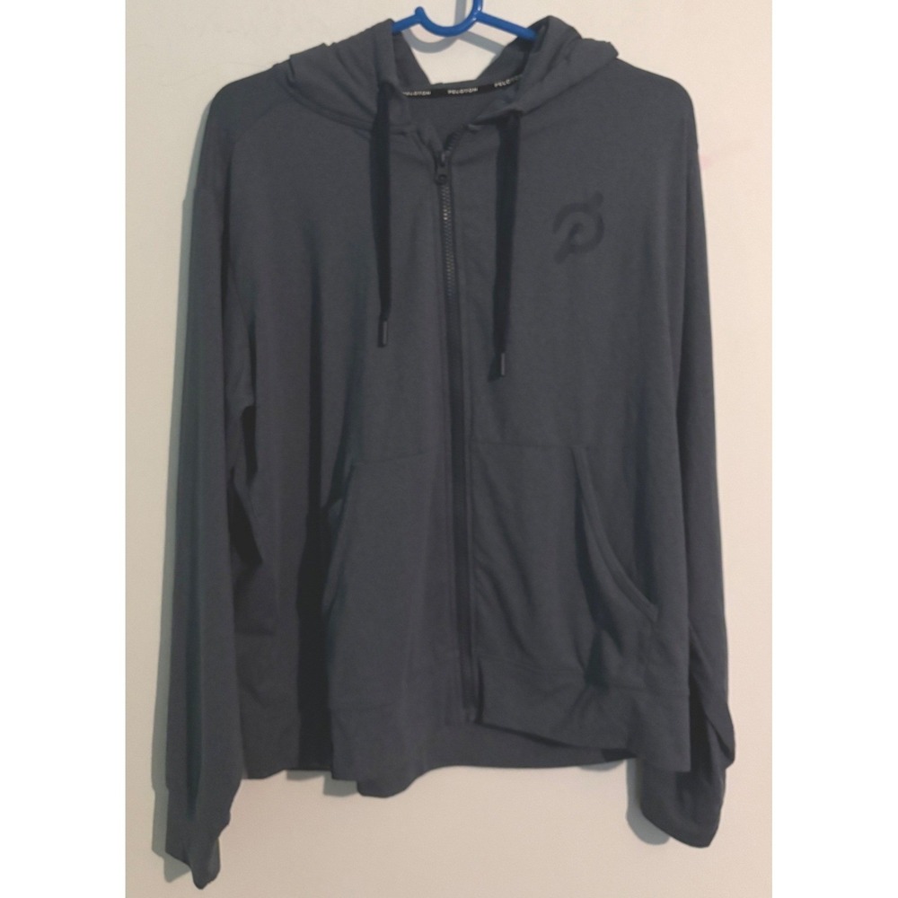 Peloton Womens Large Navy Full Zip Hooded Sweatshirt Front Pocket Logo Active